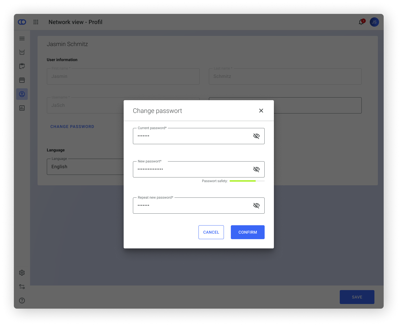 Overlay with option to enter a new password and confirm it